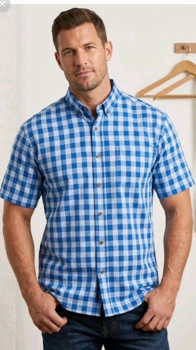 NOB HILL SHIRT 2XL BUTTON UP BLUE/WHITE POCKET SHORT SLEEVE COTTON